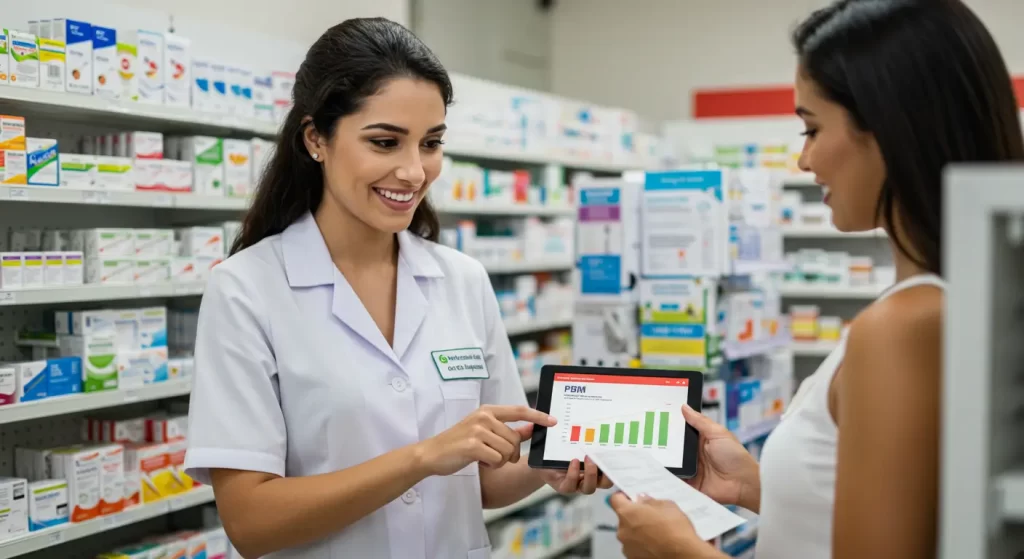 Um farmacêutico mostrando os descontos para o paciente na farmácia.