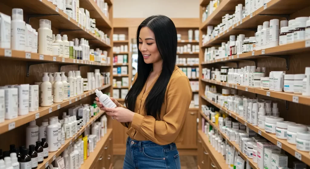 Uma mulher dentro de uma farmácia escolhendo alguns produtos e linhas de cosmeticos personalizados para ela.